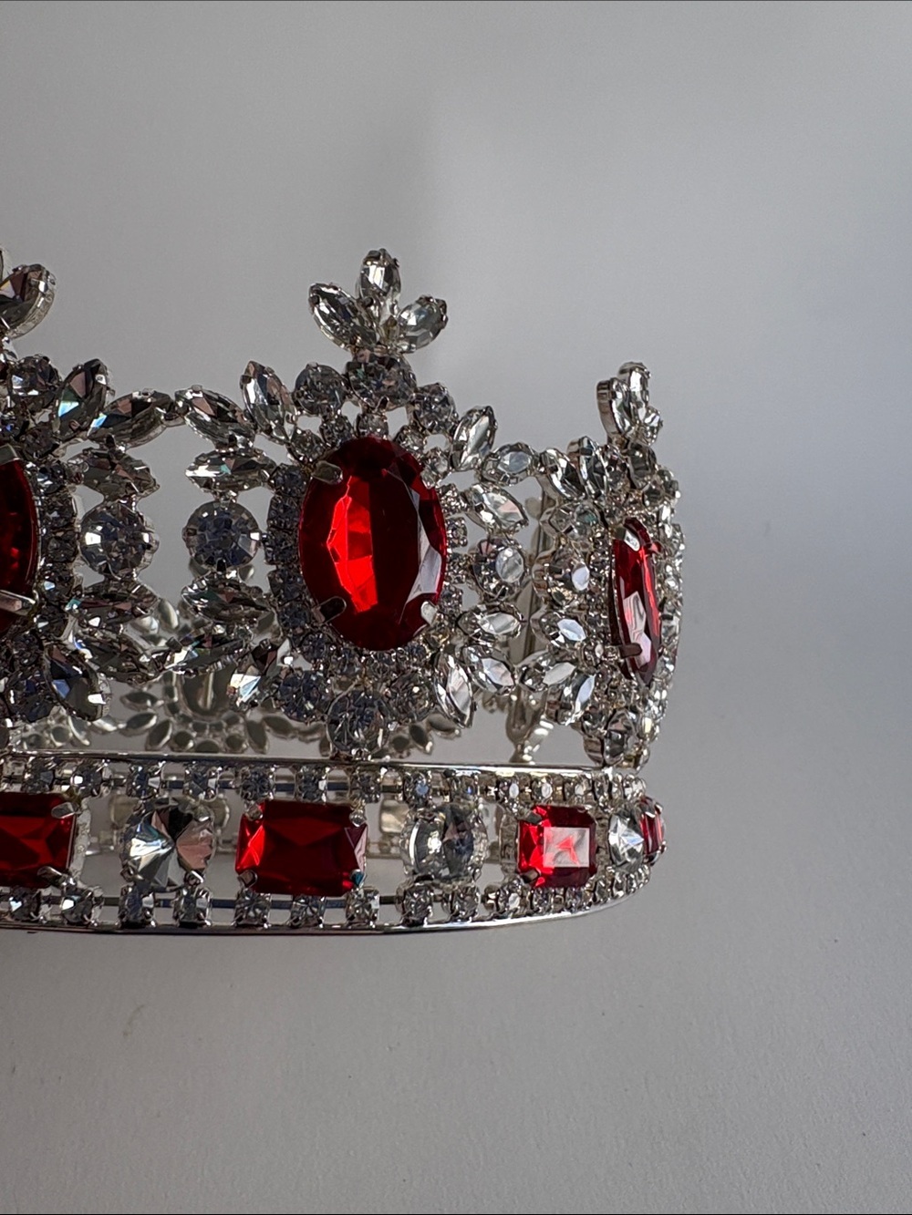 Silver Tiara Crown Red Clear Rhinestone Regal Costume Piece - Picture 8 of 8
